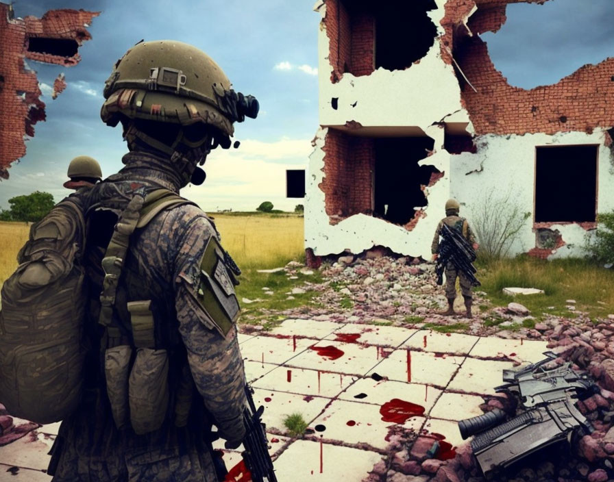 War-torn building with soldiers, bullet holes, and debris under a cloudy sky.