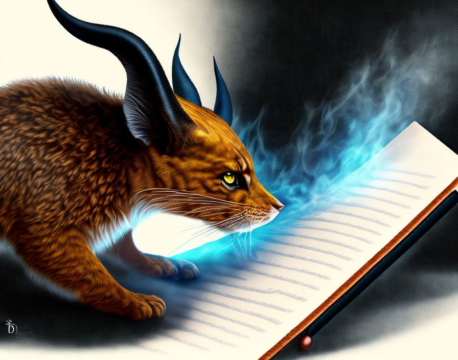 Fantasy illustration of lynx with horns reading glowing magical book