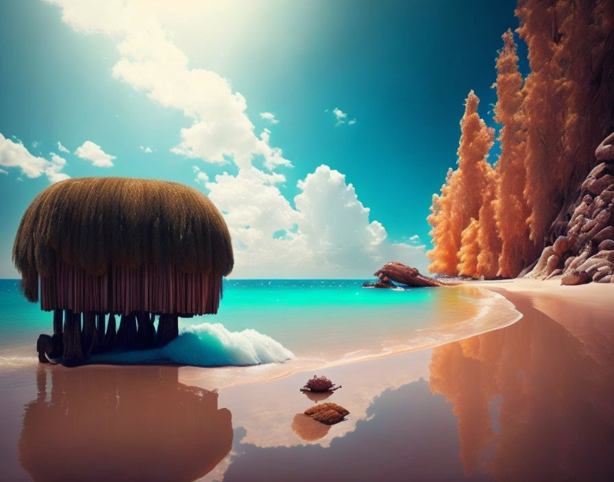 Surreal beach scene with thatched hut, sandy shore, turquoise water, and fiery orange foliage