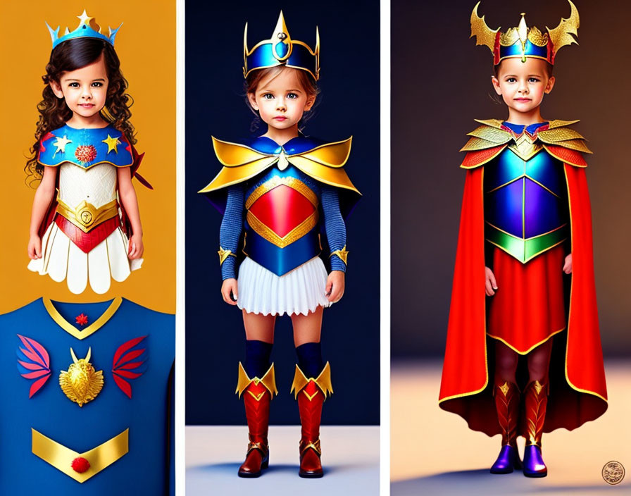 Three children in vibrant superhero costumes posing confidently against solid backdrops.