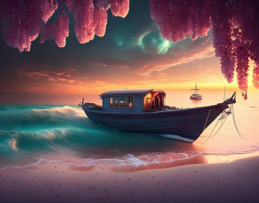 Tranquil sunset beach scene with boat, pink trees, and gentle waves