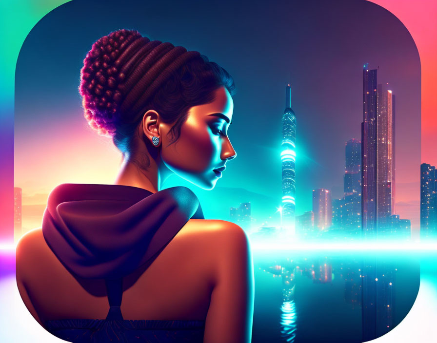 Woman with bun gazes at neon-lit cityscape over water at twilight