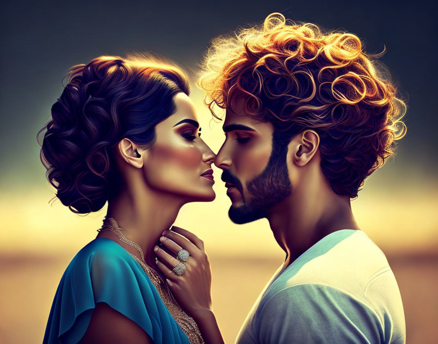 Detailed illustration of man and woman kissing with vibrant hair against warm background