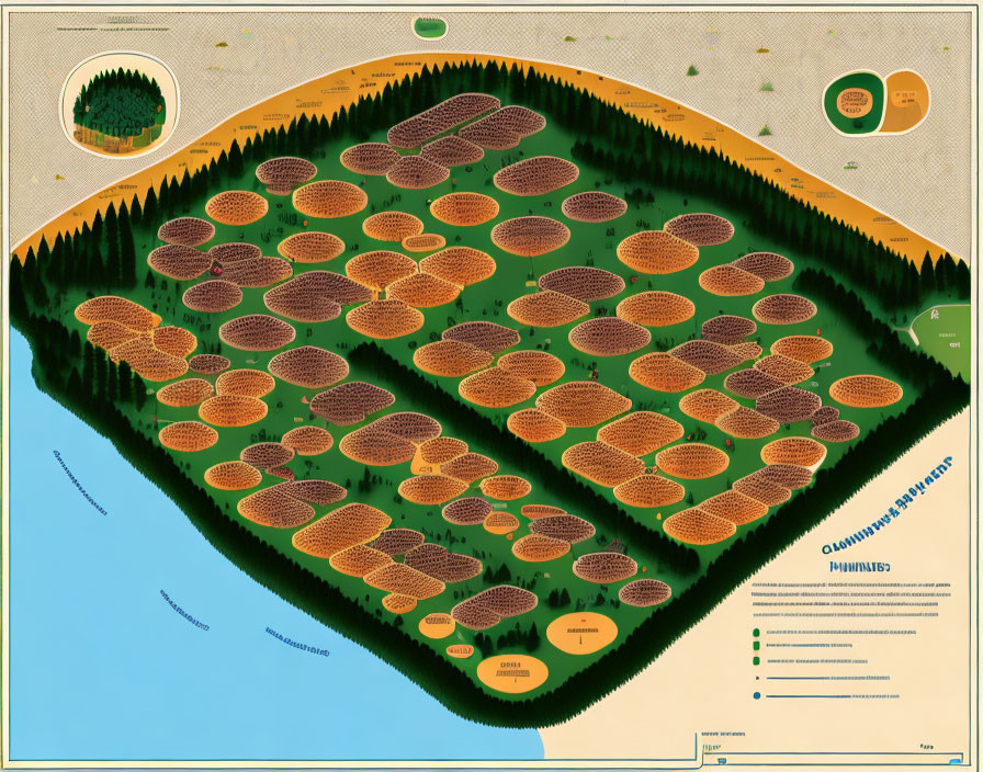 Detailed illustrated forest map with beehive clusters, legends, labels, and compass