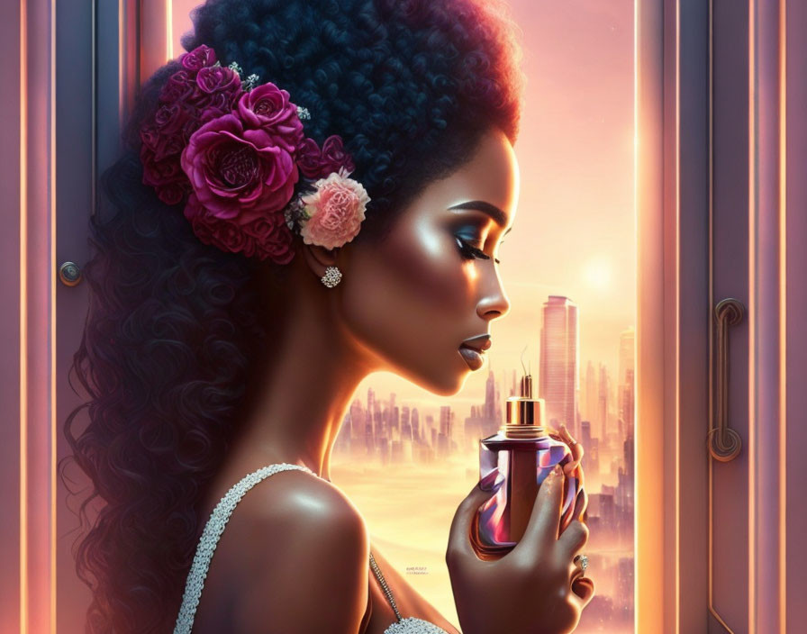 Digital artwork: Woman with afro, flowers, perfume bottle, cityscape, sunset reflection