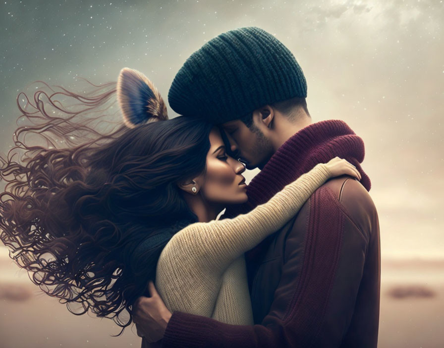 Couple Embraces with Windswept Hair Against Overcast Sky