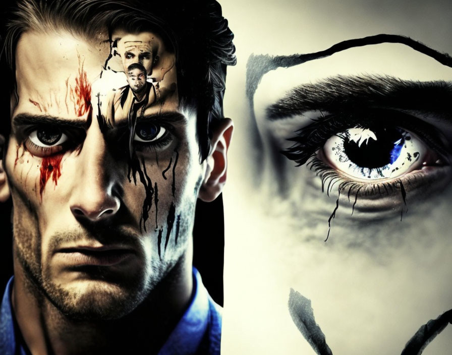 Split-image: Man with dramatic broken porcelain doll face paint and reflective bat silhouettes eye.