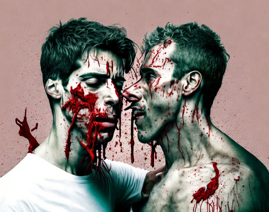 Men with red paint splattered on faces and bodies against pink background