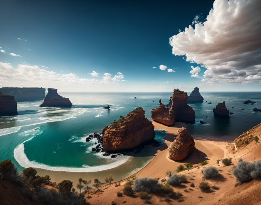 Dramatic coastline with sea stacks, turquoise sea, and sandy path