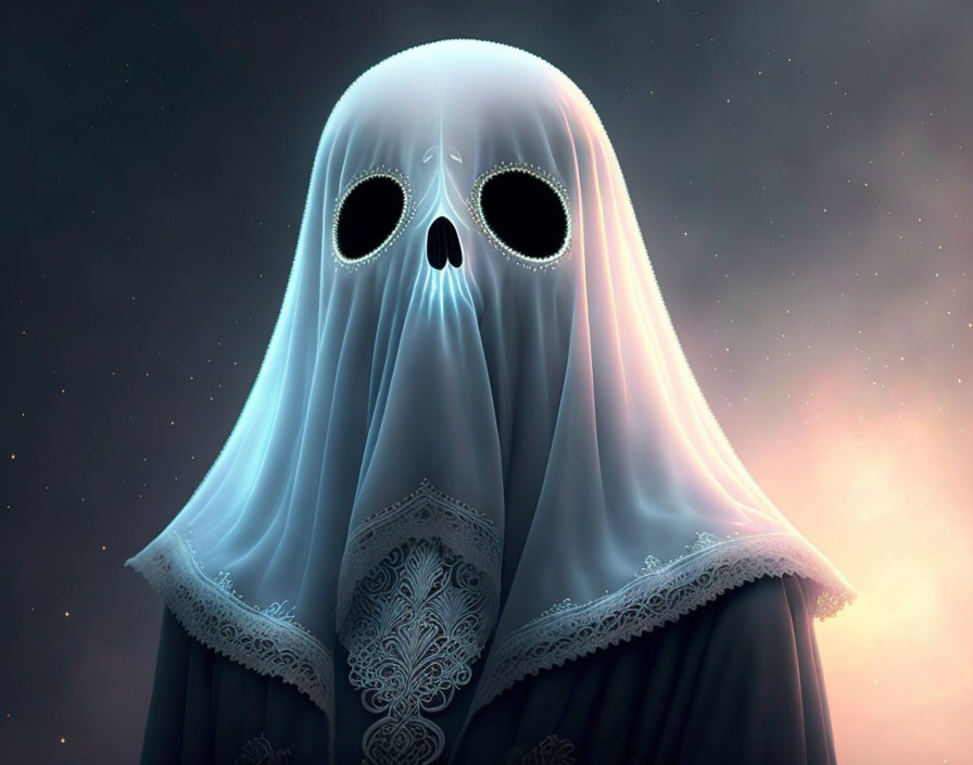 Skull-faced ghost in lace robe against dusky sky