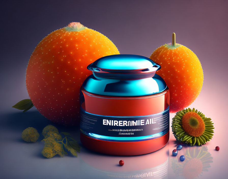 Blue and Orange Metallic Cosmetic Jar with Fruit and Leaves on Reflective Surface