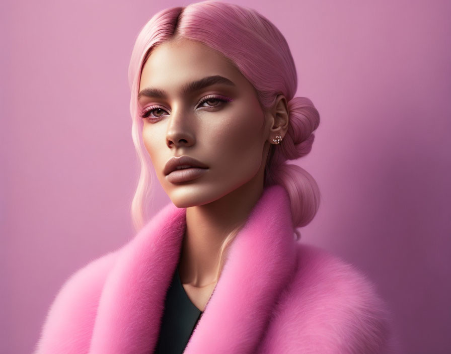 Pink-haired woman in fluffy coat against matching background