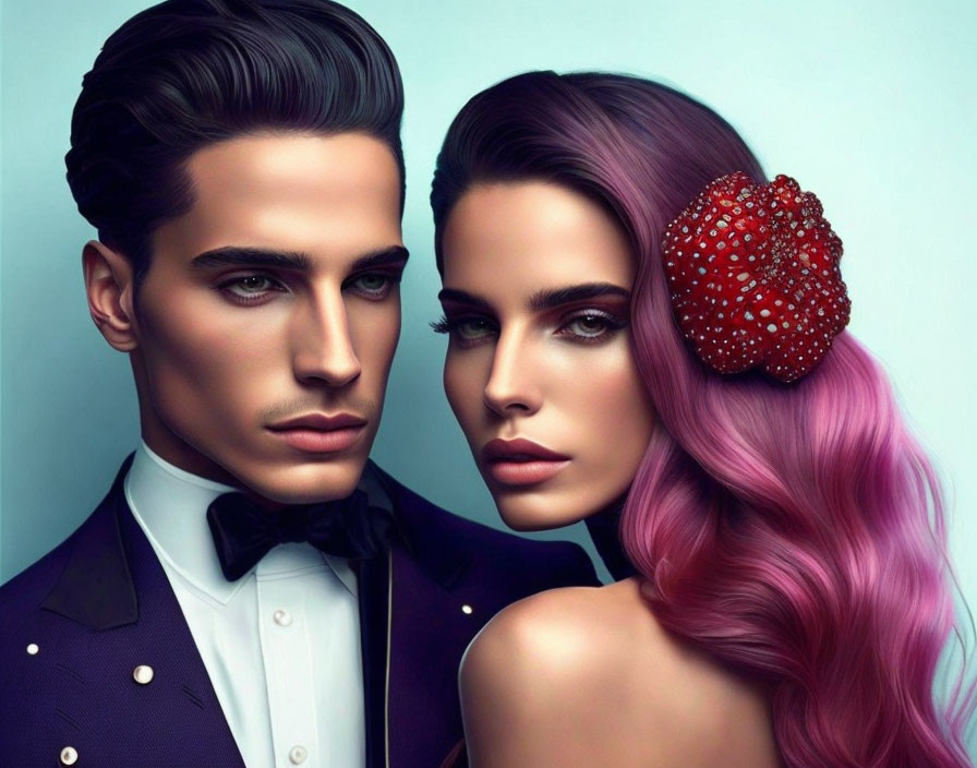 Fashionable Couple in Tuxedo and Pink Hair on Teal Background