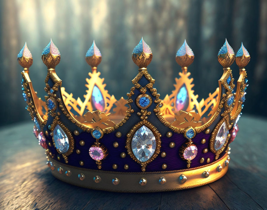 Golden Crown with Sapphires and Diamonds on Wooden Surface