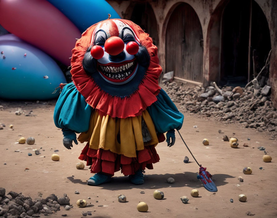 Colorful clown in exaggerated costume walking through dusty area with scattered objects.