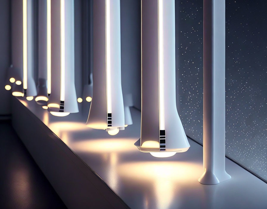 Cylindrical pendant lights in row against starry wall, casting warm glow