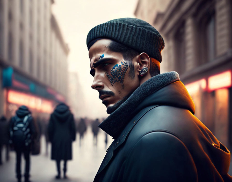 Stylized portrait of man with facial tattoos in beanie & high-collar jacket on city street