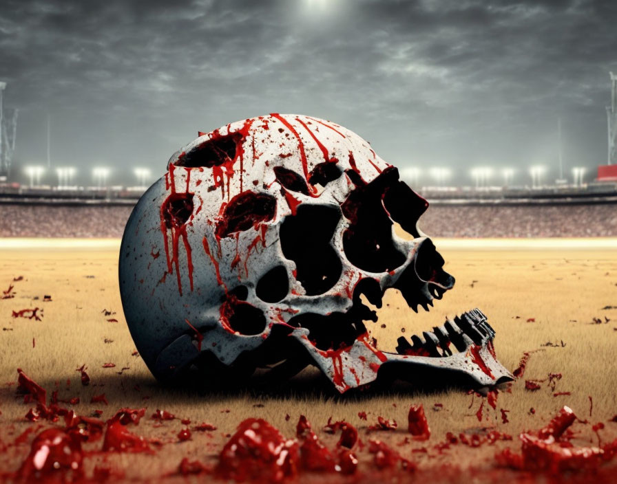 Blood-stained skull on sandy sports field under gloomy sky.