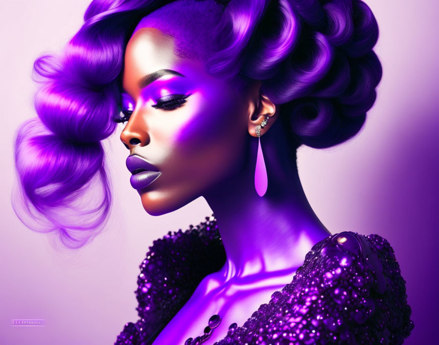 Exaggerated purple hair and makeup on a woman in sequin dress against purple background