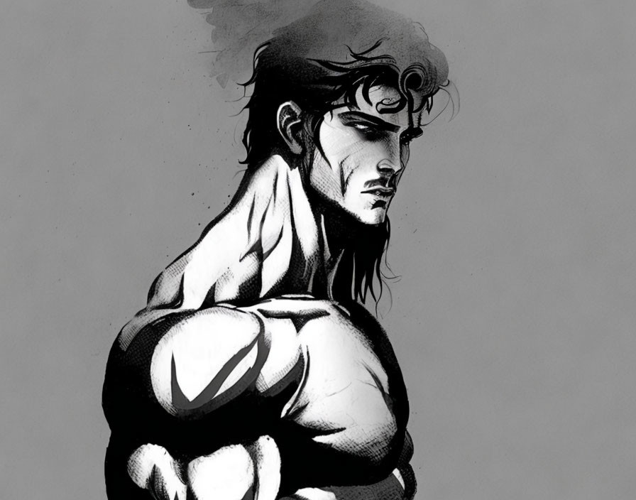 Muscular, shirtless male character with long hair and symbol.