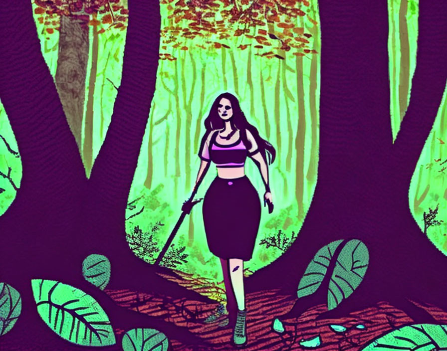 Stylized illustration: Woman walking in vibrant green forest