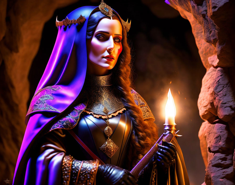 Medieval fantasy queen with crown and candle in cavernous setting