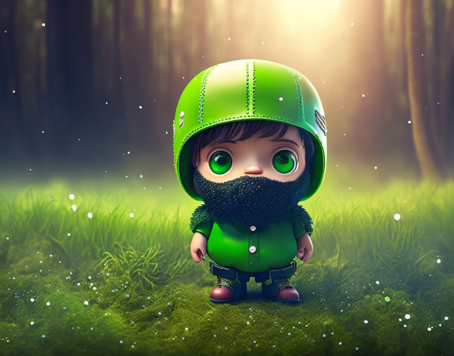 Stylized character with large head in green helmet in mystical forest