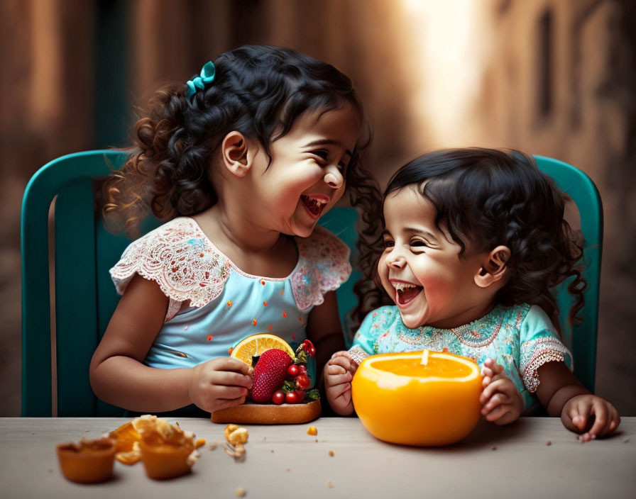 Two young girls laughing at a table with fruit bowl and candle in warm setting