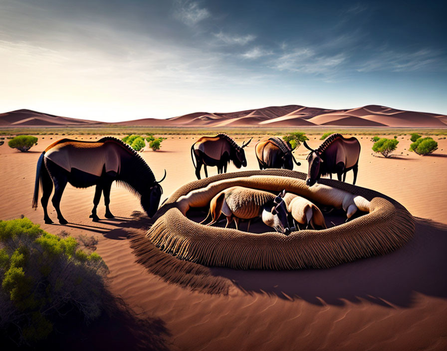 Distorted horses in surreal desert landscape