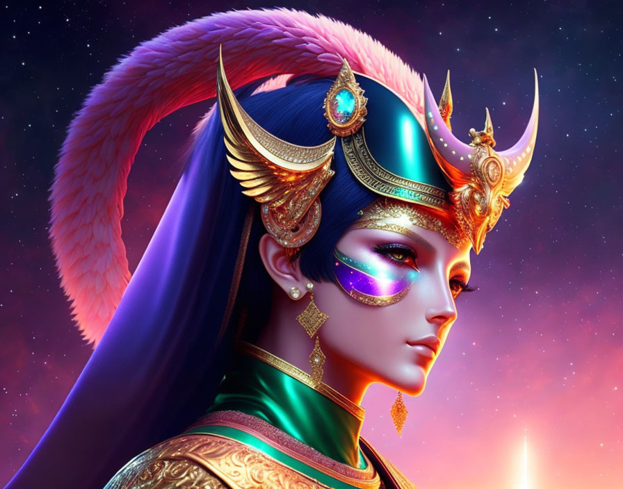 Blue-skinned woman with golden headgear in cosmic setting