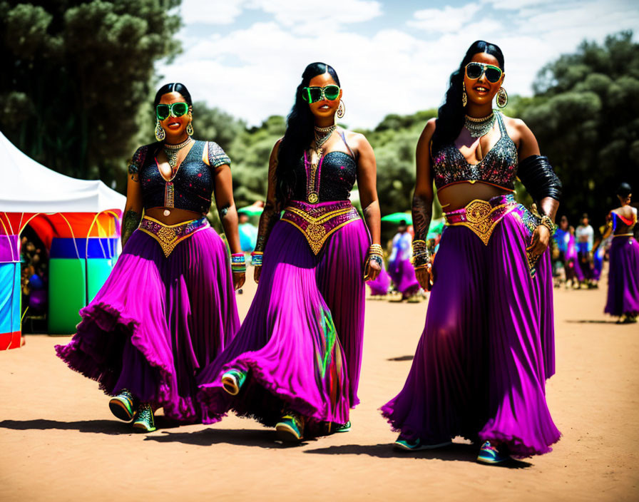 Three women in vibrant purple skirts and traditional Indian jewelry posing confidently at an outdoor event