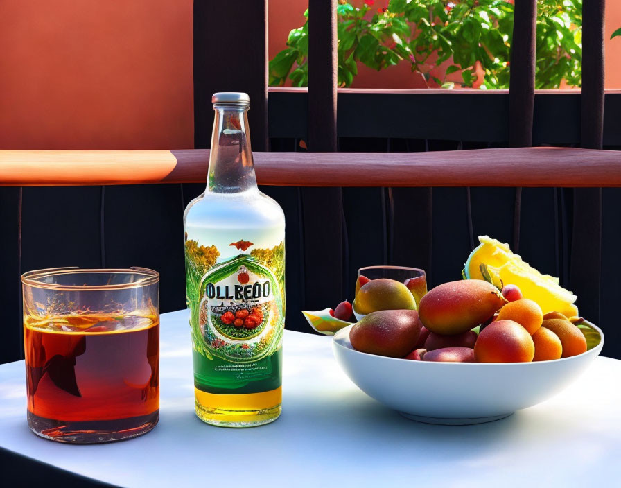 Refreshing Dolleborg juice with mixed fruit and ice on outdoor table.