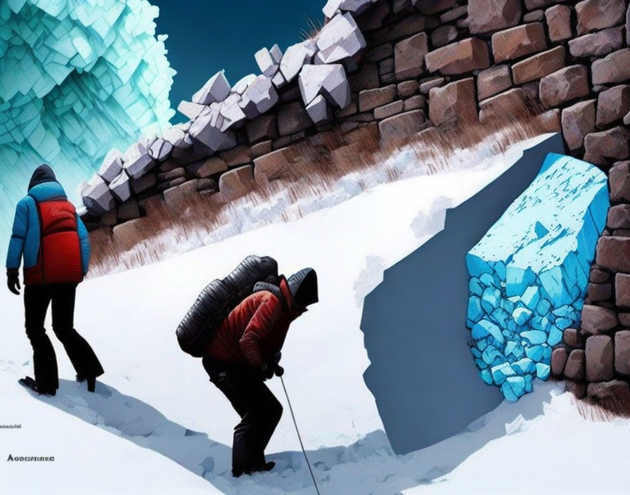 Two individuals in winter clothing near wall with surreal ice crystal formation.