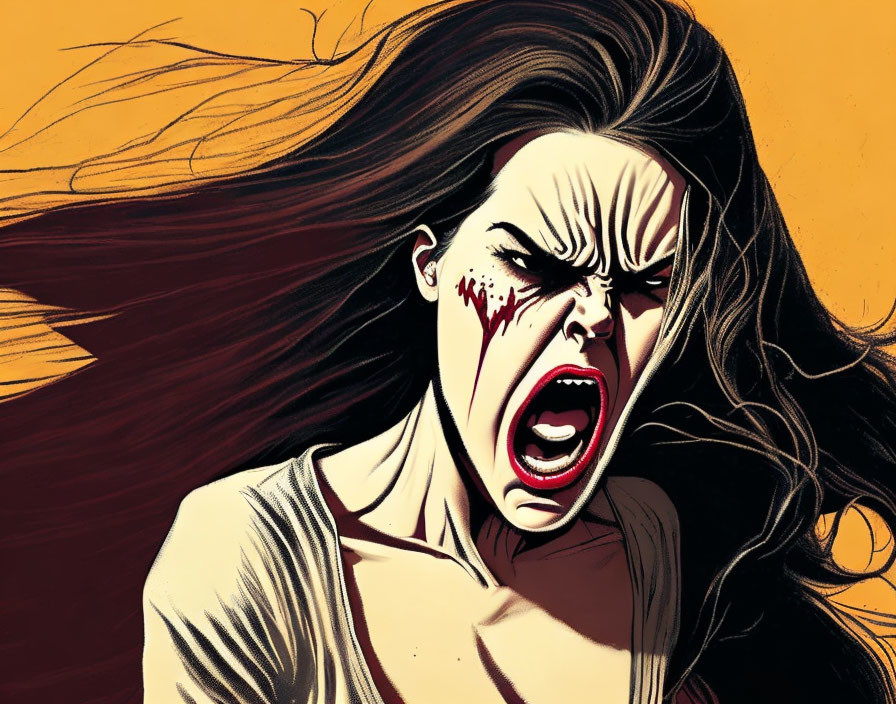 Angry woman with flowing hair screaming on yellow-orange background