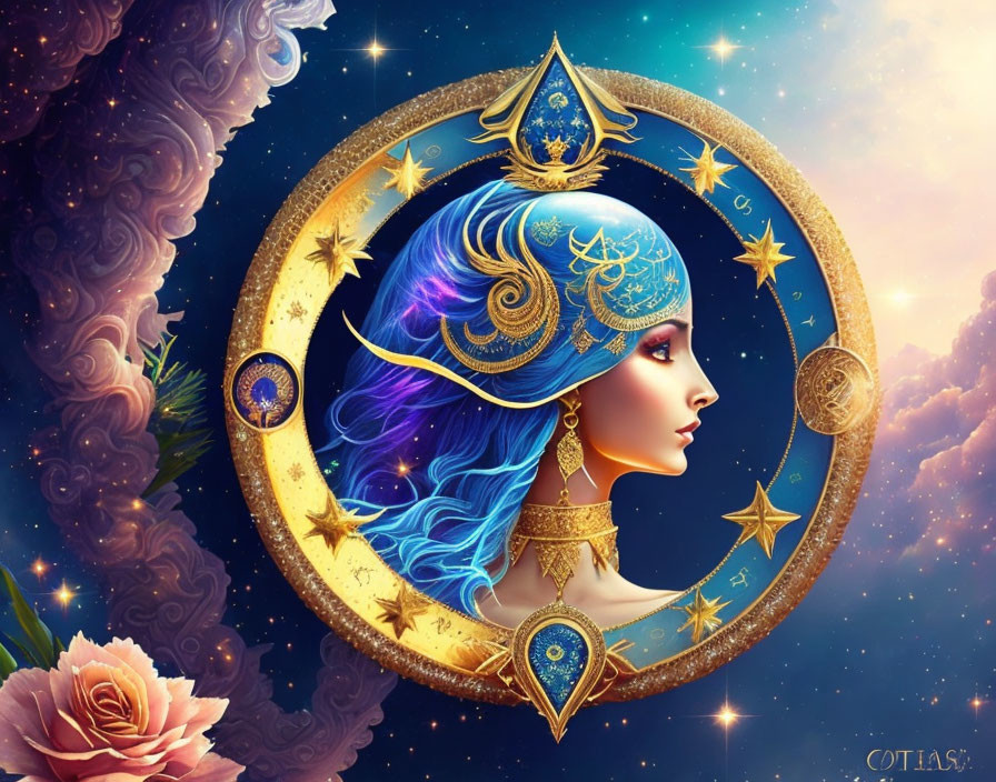 Celestial female profile in golden astrological wheel with stars, nebulae, and rose.