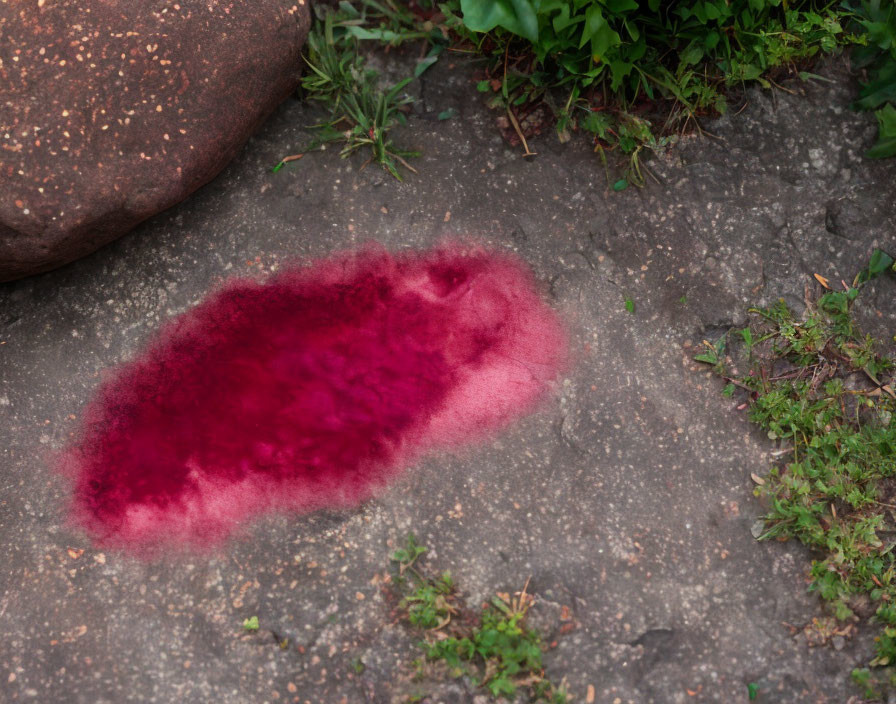 Red Fuzzy Substance on Stone Surface Near Boulder and Green Plants