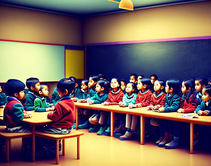 Young Students in Red and Blue Uniforms in Colorful Classroom