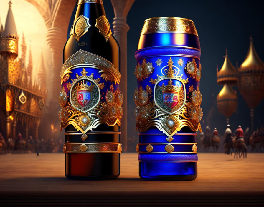 Ornate Beverage Bottles with Regal Crests on Arabian Nightscape