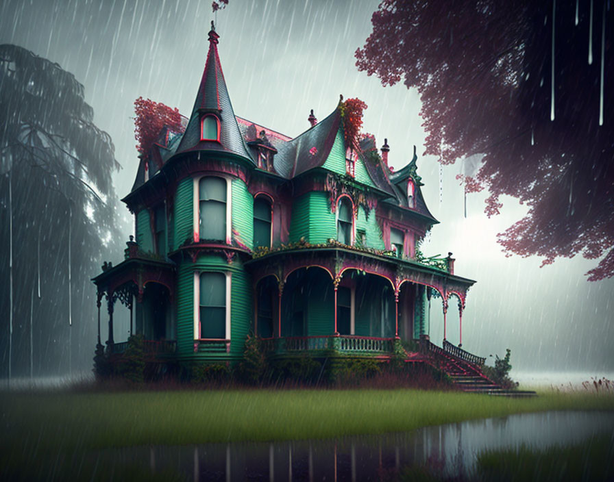 Victorian-style house in green and pink hues under heavy rain and lush greenery