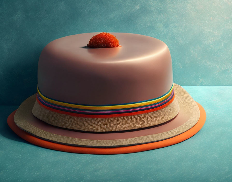 Salmon Pink Hat with Rainbow Ribbon on Blue Textured Background