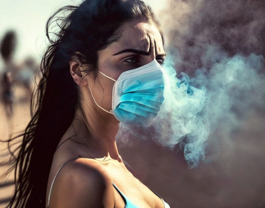 Woman wearing protective face mask outdoors in cold weather with visible breath.