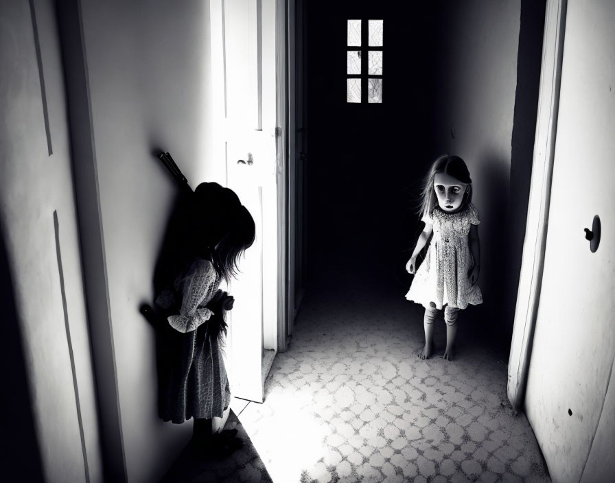 Dimly lit hallway with two dolls near doors