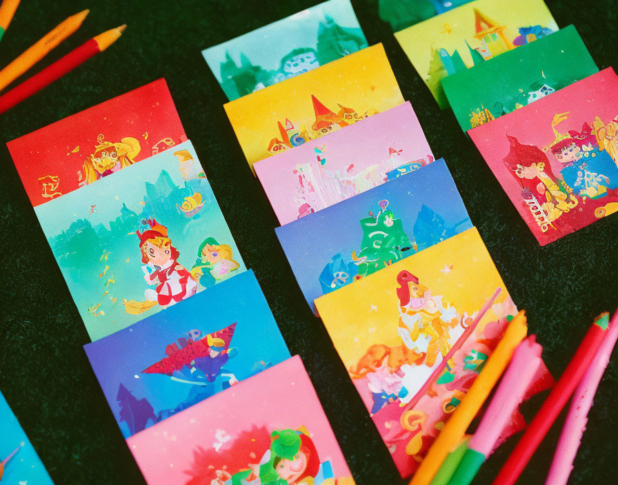 Colorful Fairy Tale Themed Cards on Dark Surface with Crayons