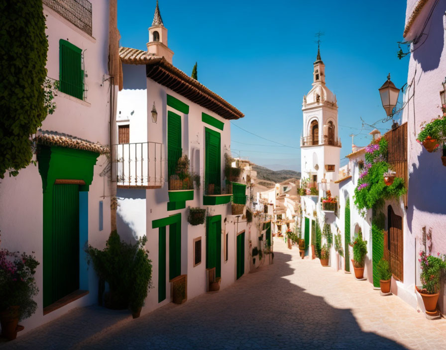 Sunlit cobblestone street with white buildings, green doors, and church tower