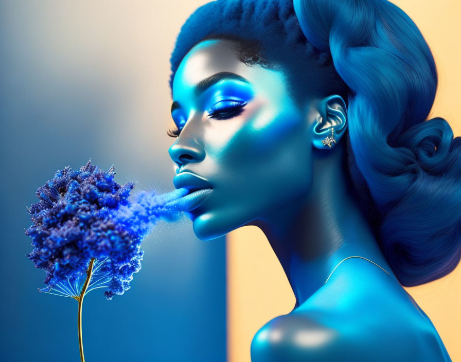 Blue-skinned woman exhales blue particles onto flower