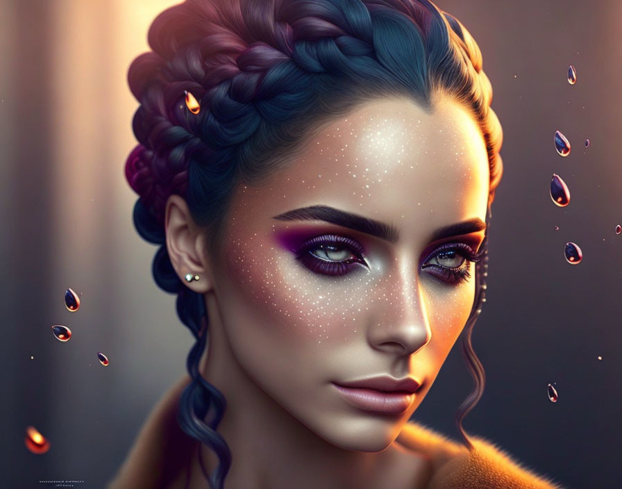 Intricate braided hair woman with sparkling freckles and vibrant makeup in digital illustration