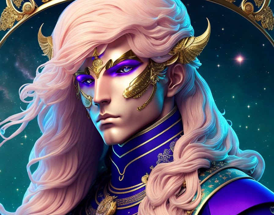 Fantasy character digital illustration with pink hair and golden horns