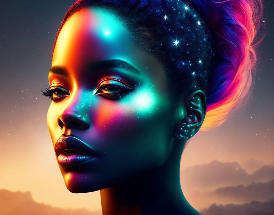 Portrait of Woman with Cosmic Elements and Starry Sky Hair