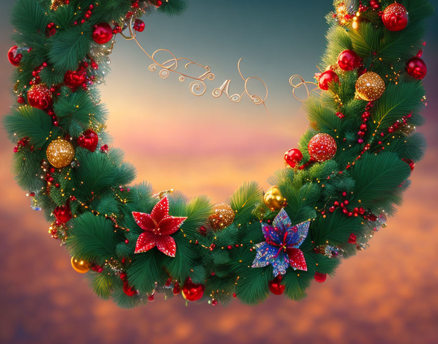 Festive Christmas wreath with red berries, gold ornaments, and colorful bows in sunset setting