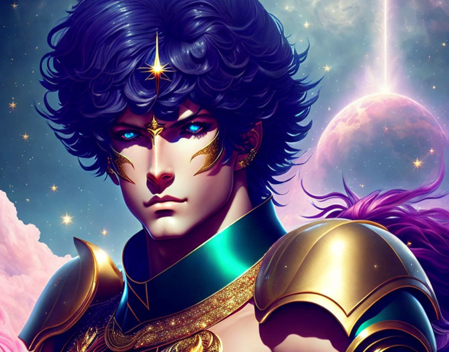 Blue-haired anime character in golden armor with cosmic background of stars and purple nebula.